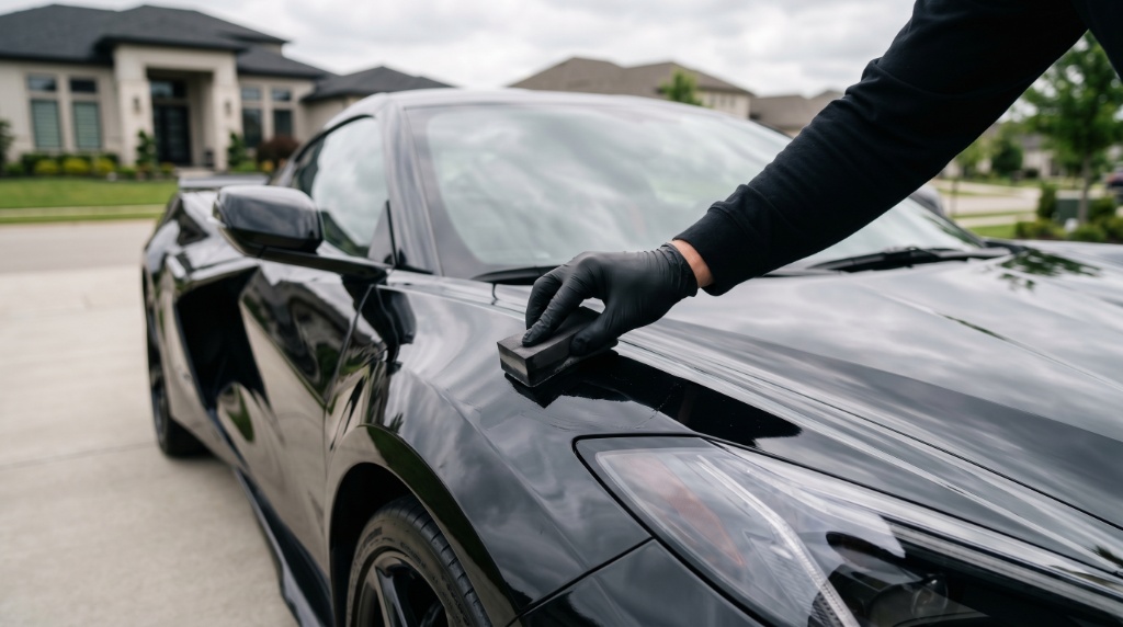 Ceramic coating applicator applied to black Corvette hood