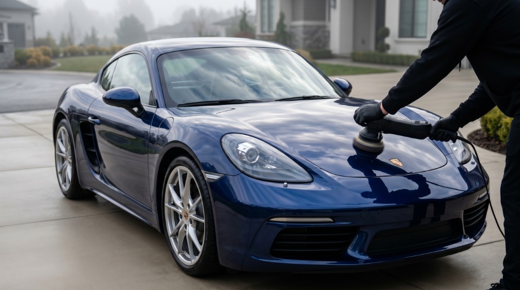 Paint correction - DA polisher on blue Porsche Cayman